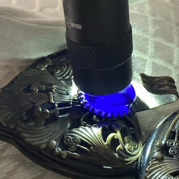 Vintage 1965–75 Nepal/India Bronze & Ebonite Pendants w/ Blue Galalith Cabochon - Picture 3 of 10